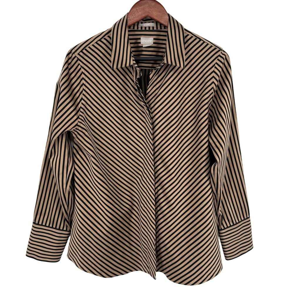 Chico's Black and Tan Striped Button-Down Shirt (Bin 1)